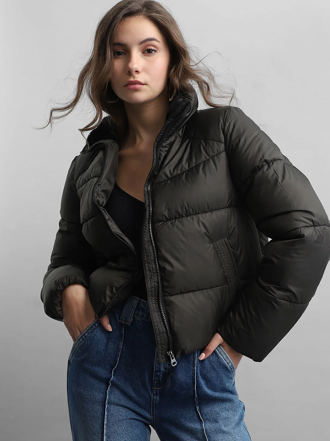 Dark Olive Short Puffer Jacket