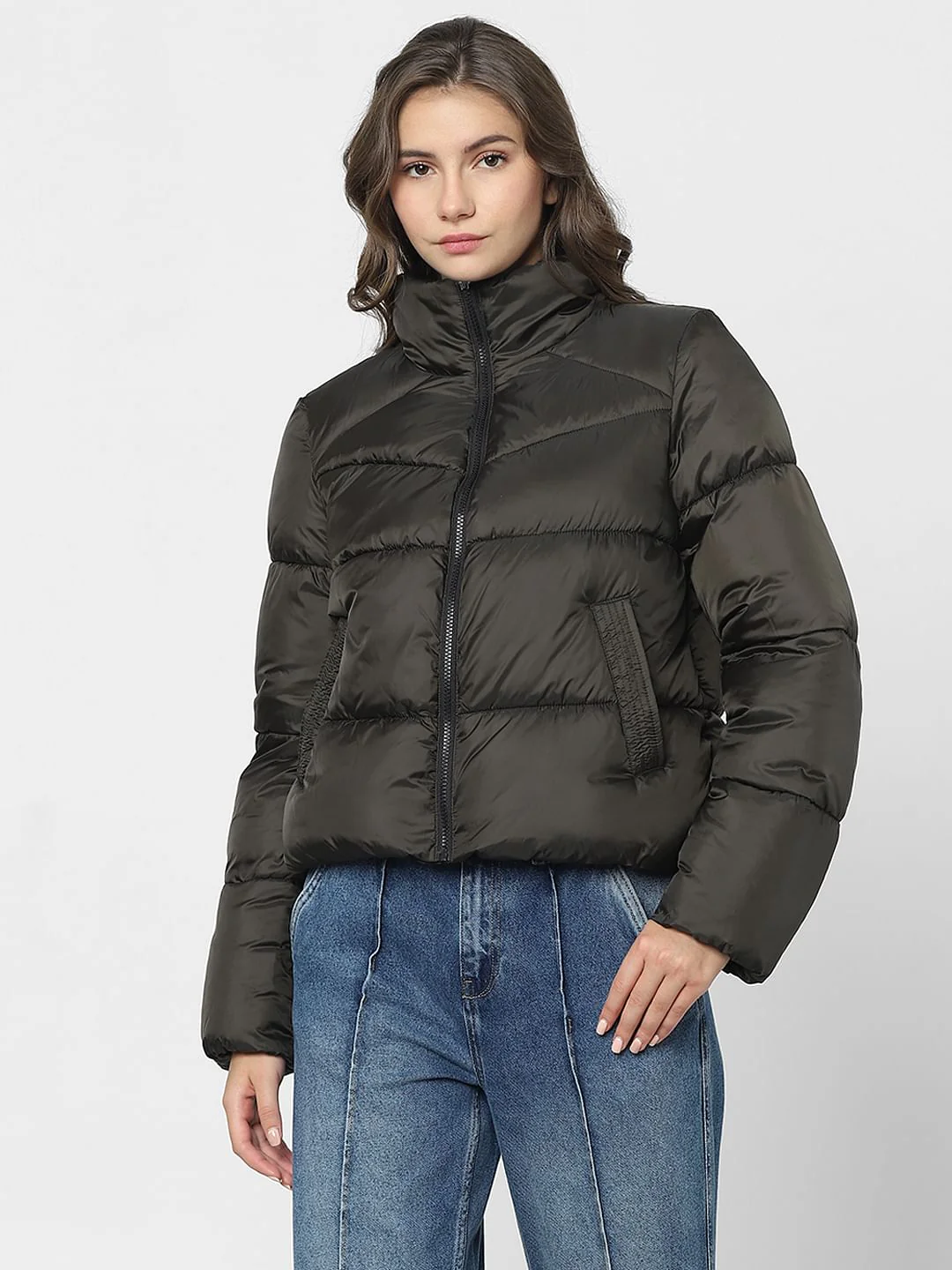 Dark Olive Short Puffer Jacket - Image 2