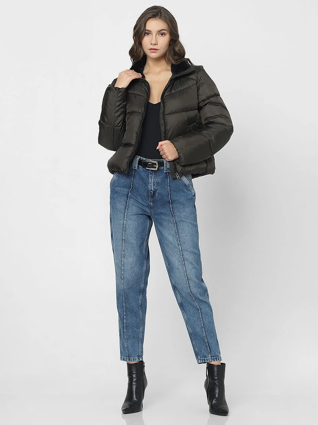 Dark Olive Short Puffer Jacket - Image 5