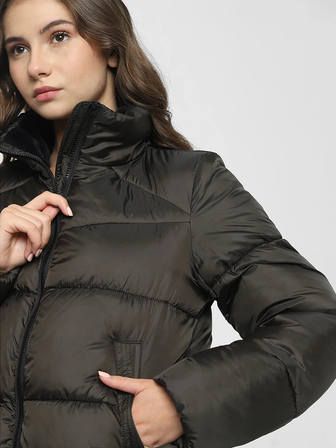 Dark Olive Short Puffer Jacket - Image 8