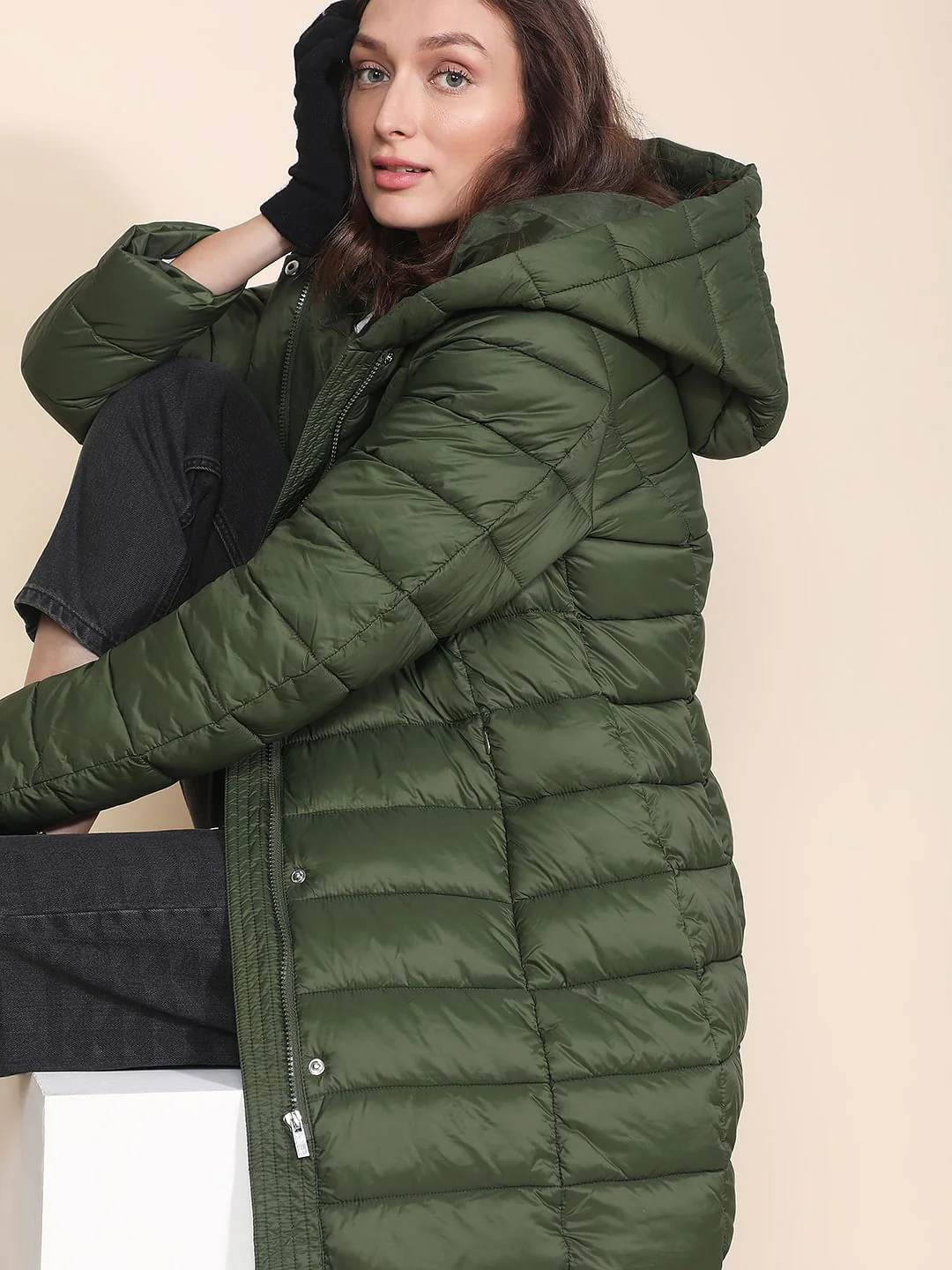 Dark Green Long Hooded Puffer Jacket