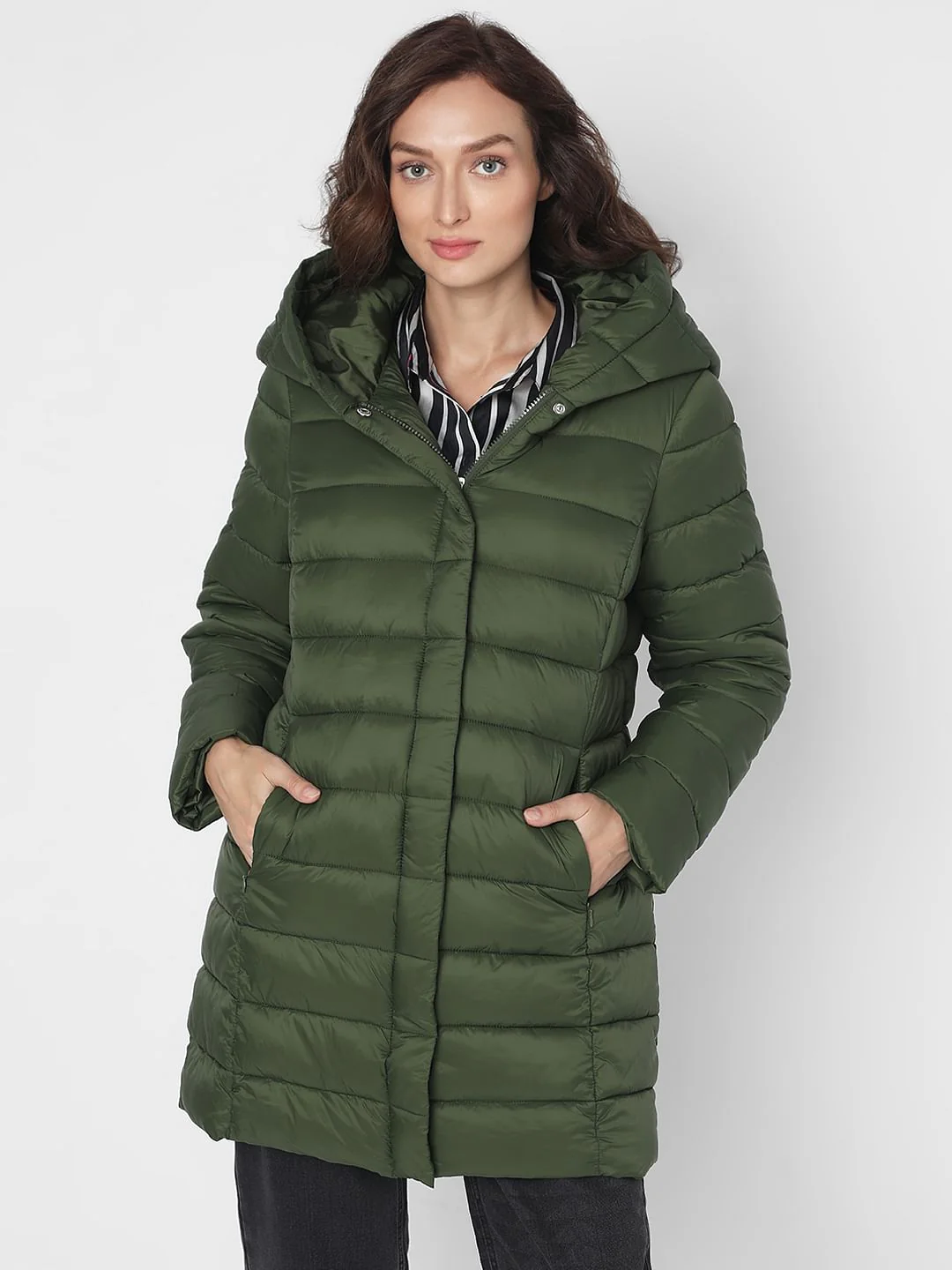 Dark Green Long Hooded Puffer Jacket - Image 2