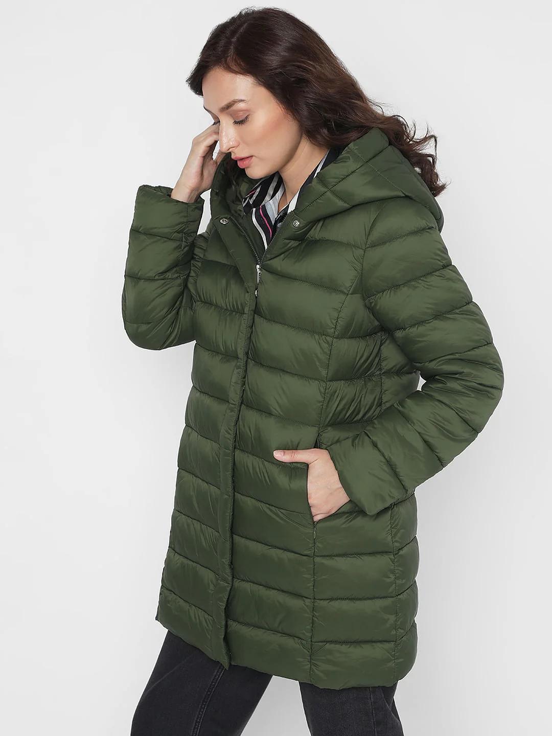 Dark Green Long Hooded Puffer Jacket - Image 3