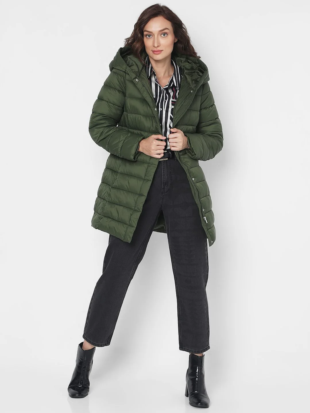 Dark Green Long Hooded Puffer Jacket - Image 5