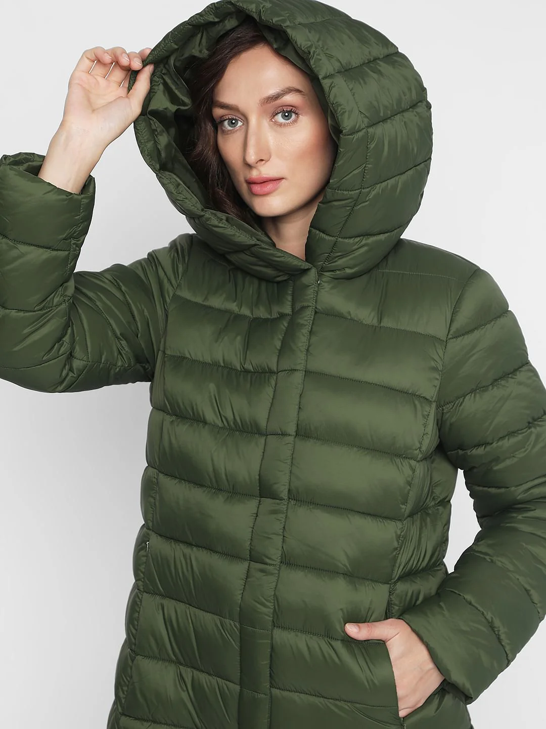 Dark Green Long Hooded Puffer Jacket - Image 6
