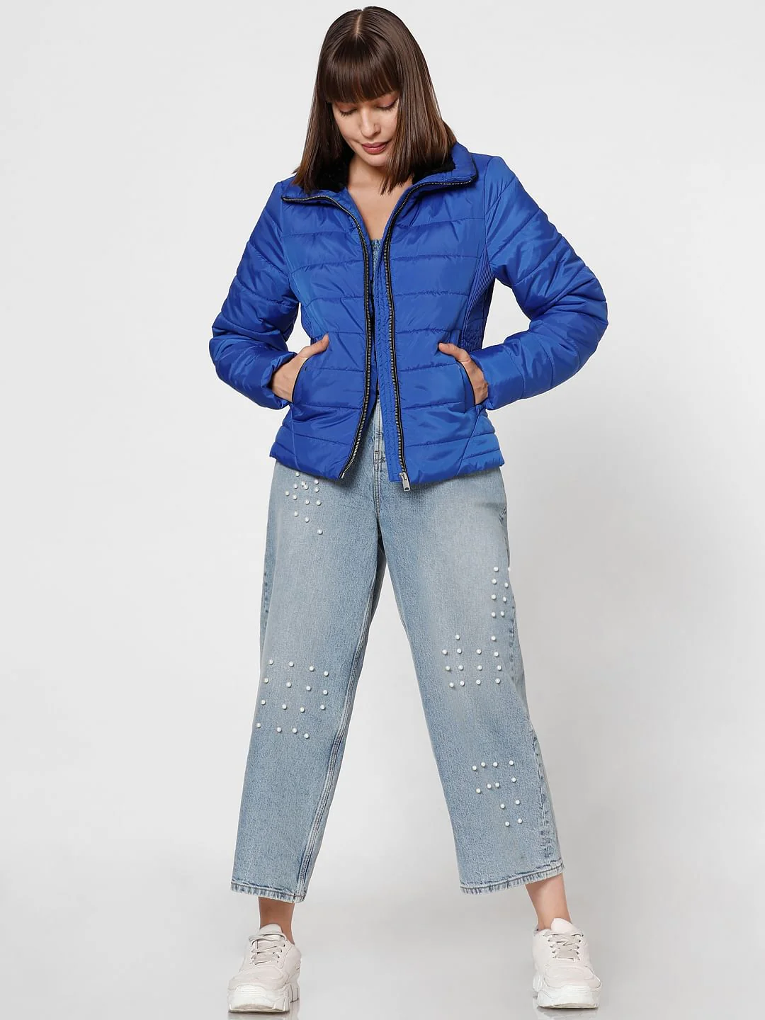 Blue High Neck Puffer Jacket - Image 5