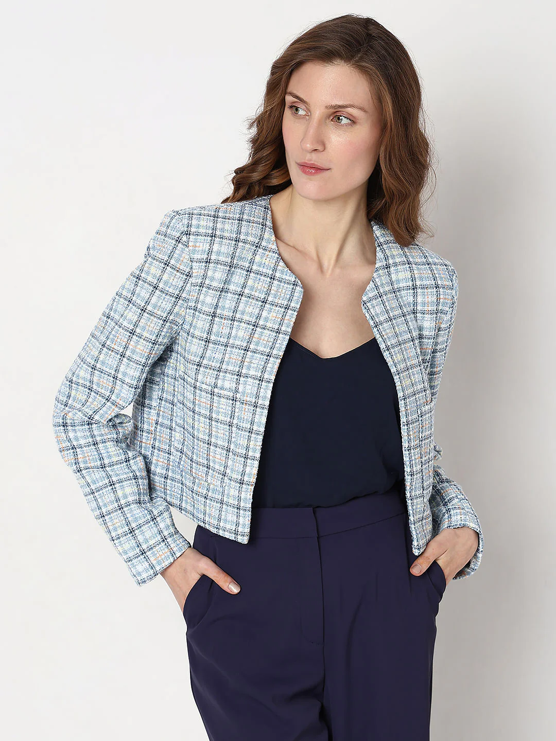 Blue Tweed Cropped Co-Ord Set Blazer - Image 2