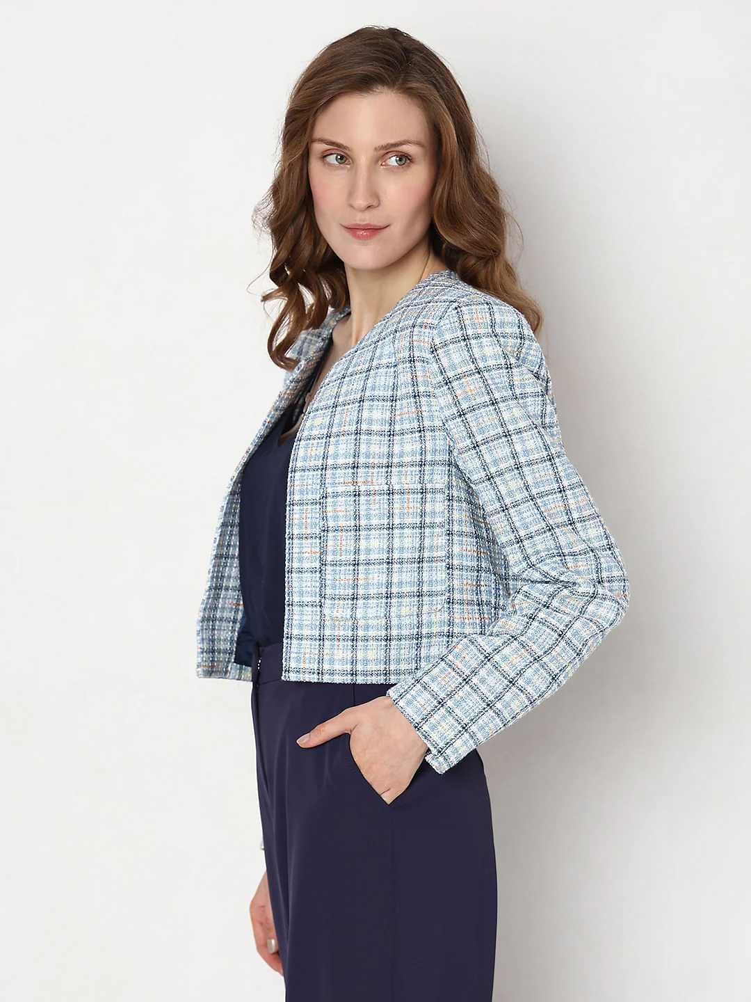 Blue Tweed Cropped Co-Ord Set Blazer - Image 3