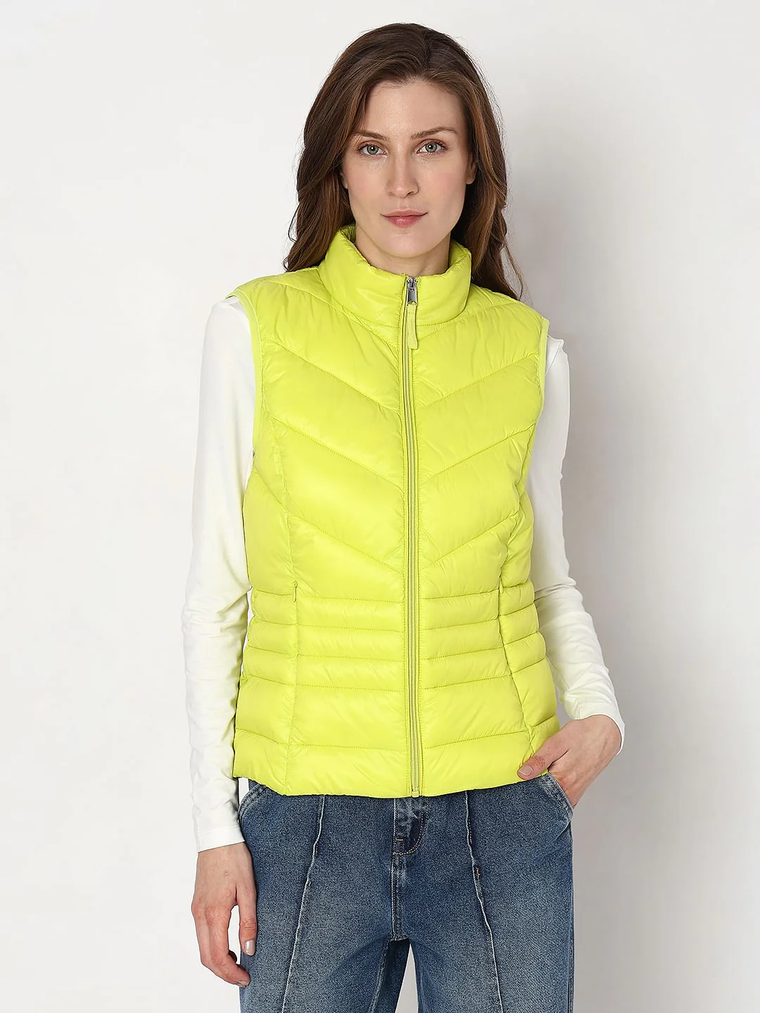 Lemon Green Sleeveless Puffer Jacket - Image 2