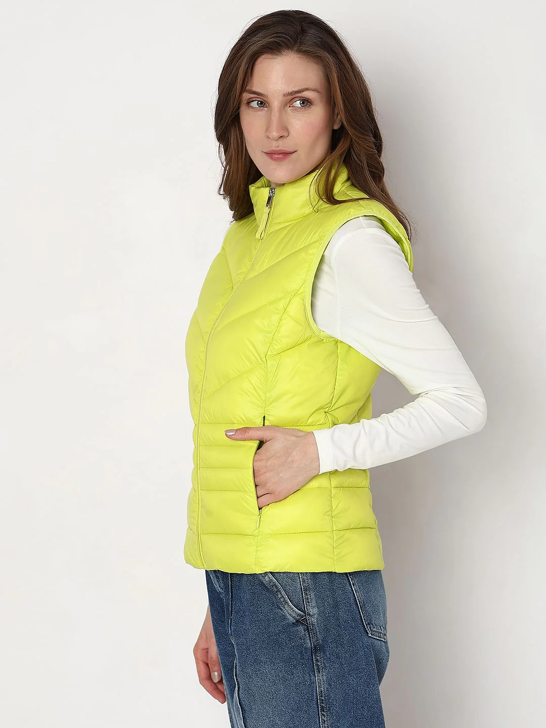 Lemon Green Sleeveless Puffer Jacket - Image 3