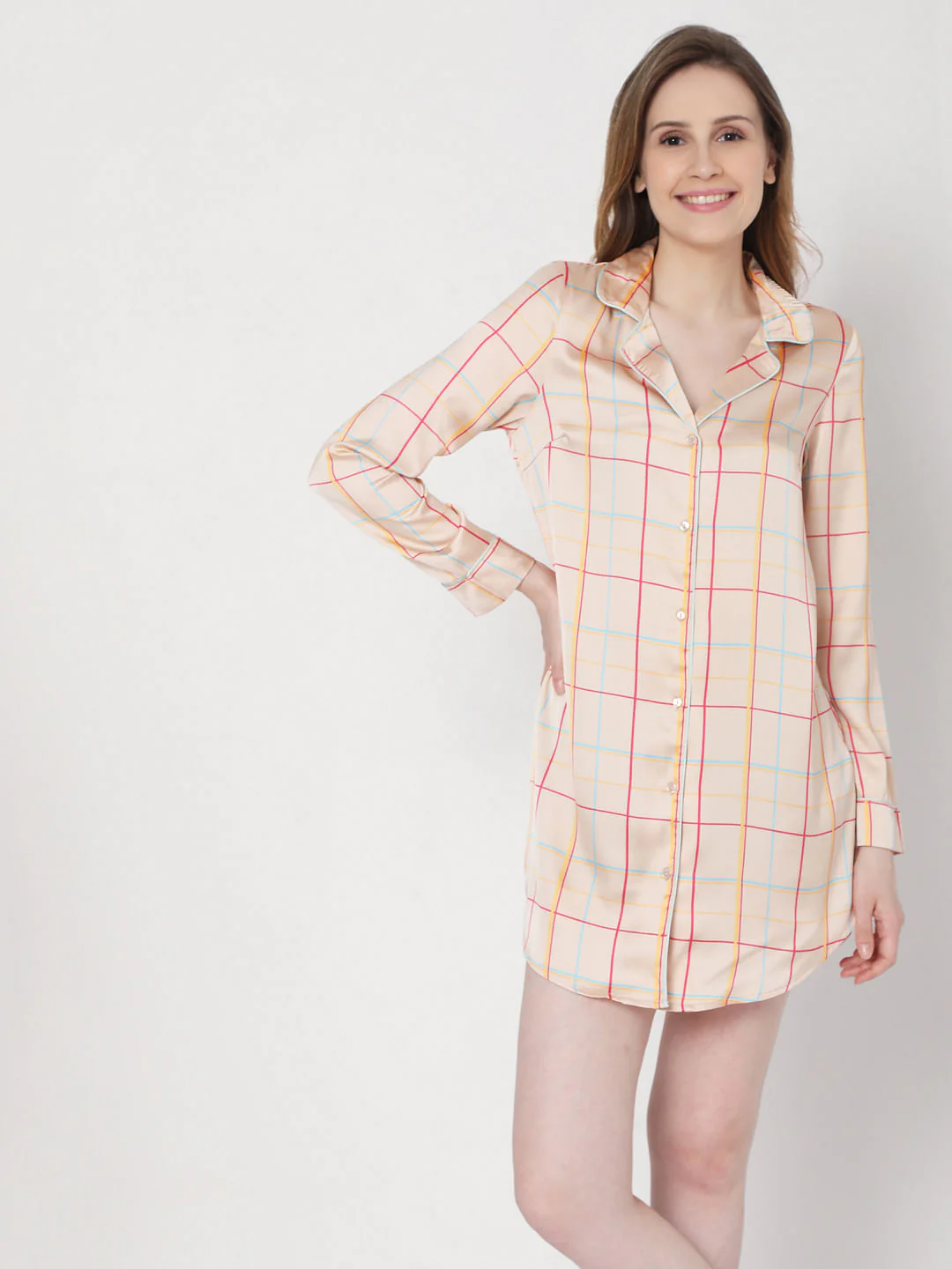 Beige Check Nightwear Dress - Image 2