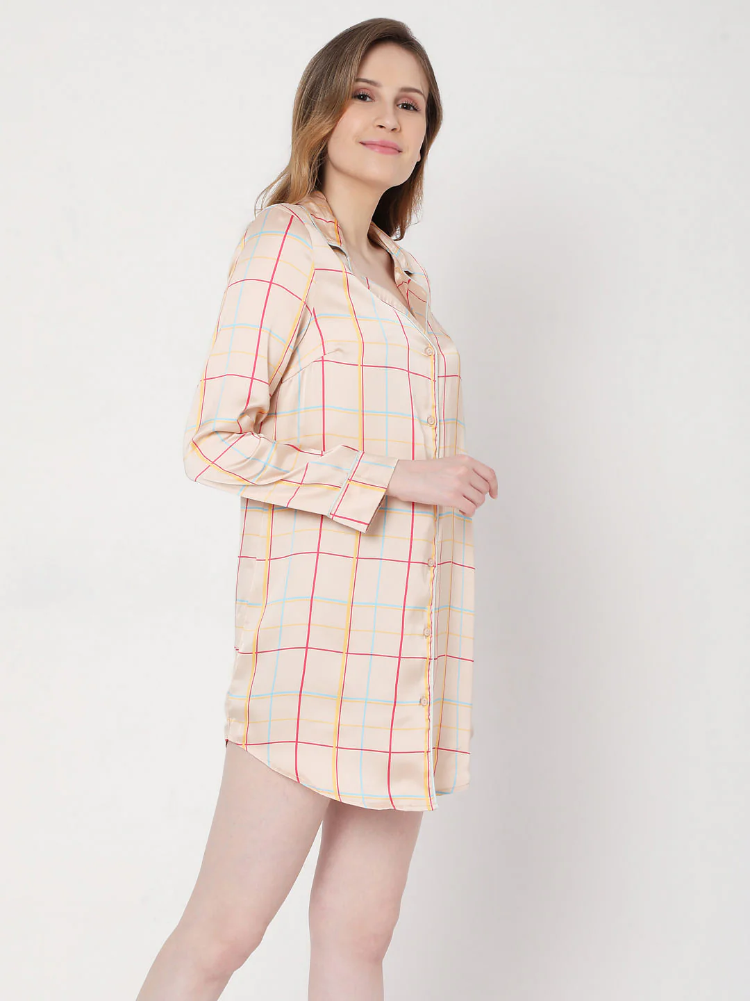 Beige Check Nightwear Dress - Image 3