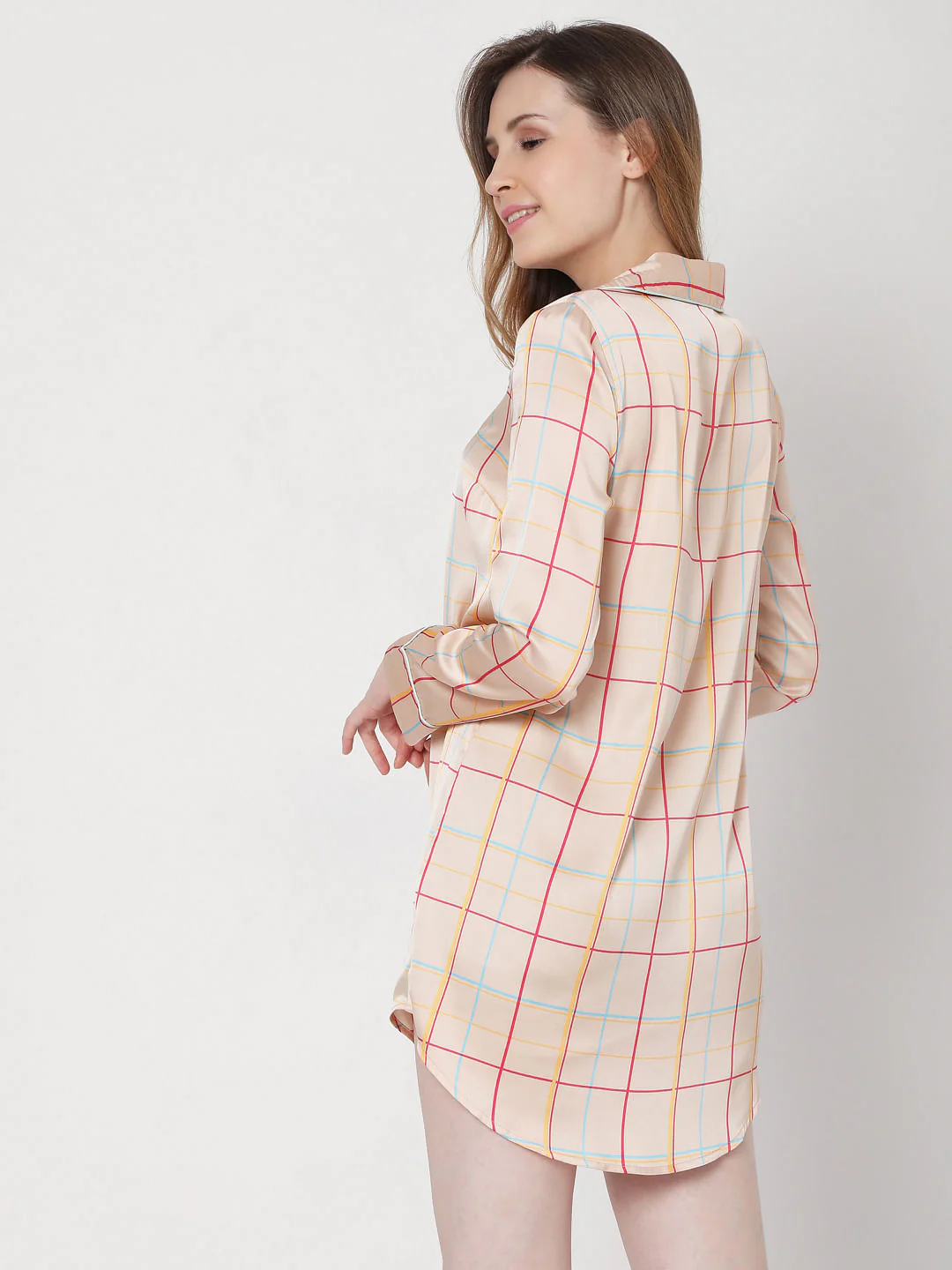 Beige Check Nightwear Dress - Image 4