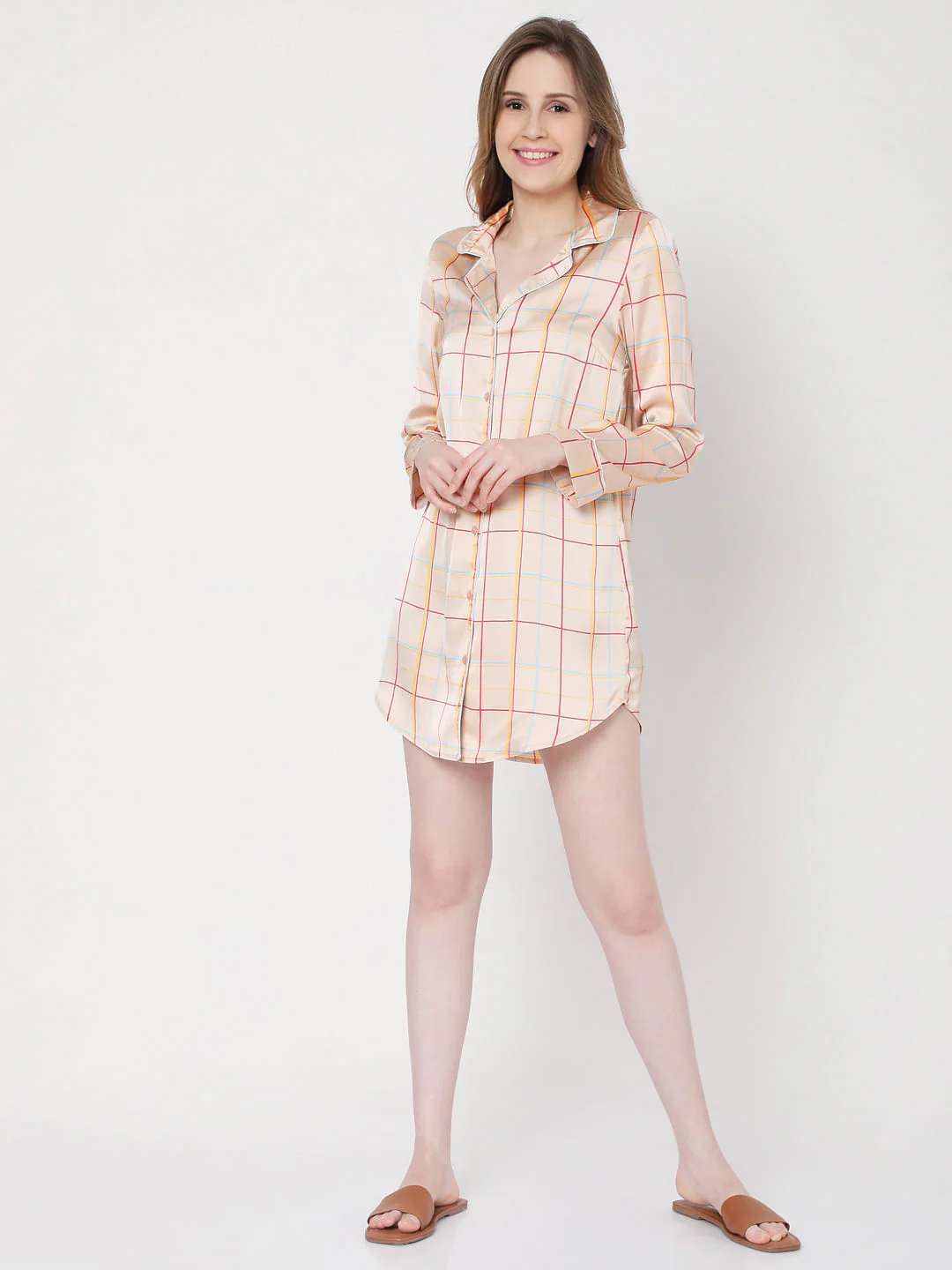 Beige Check Nightwear Dress - Image 5