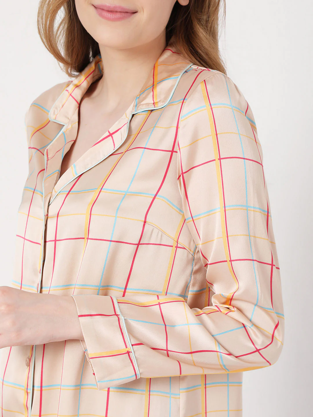 Beige Check Nightwear Dress - Image 6