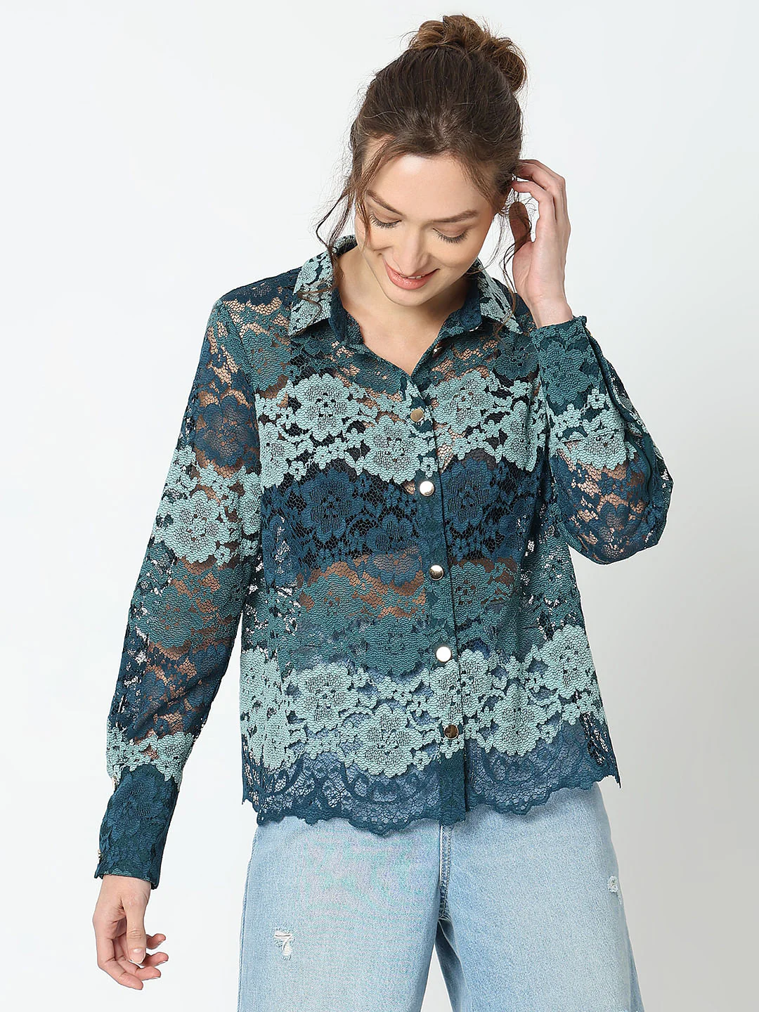 Teal Lace Full Sleeves Shirt - Image 2