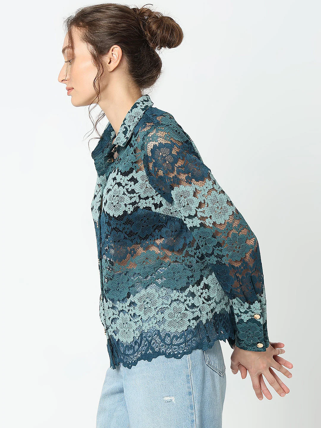 Teal Lace Full Sleeves Shirt - Image 3