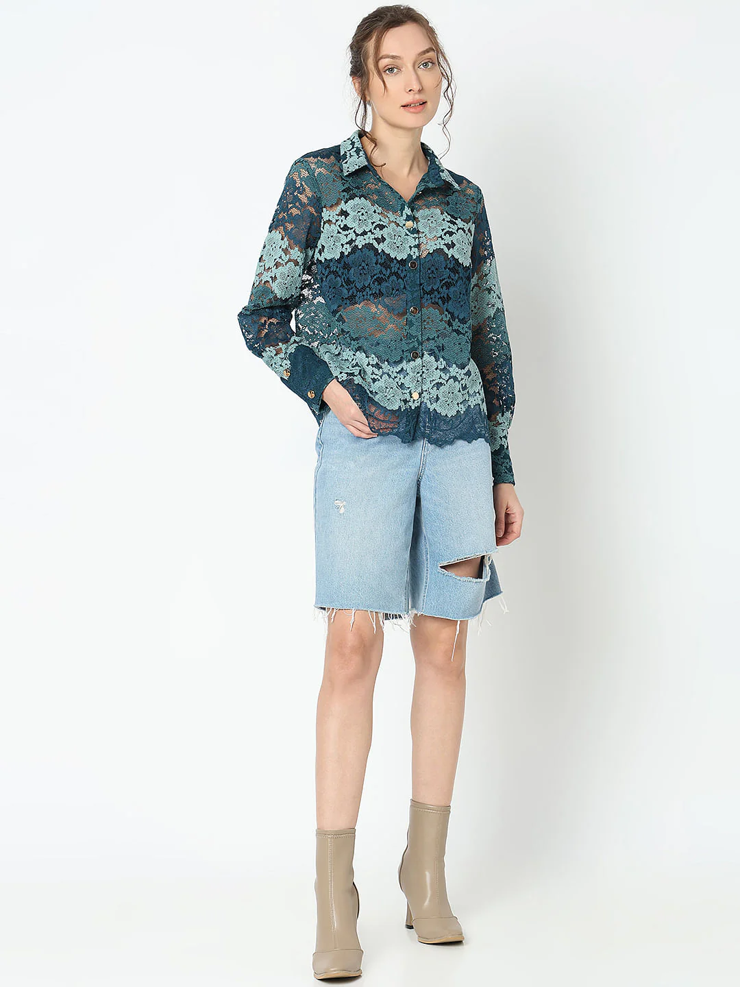 Teal Lace Full Sleeves Shirt - Image 5