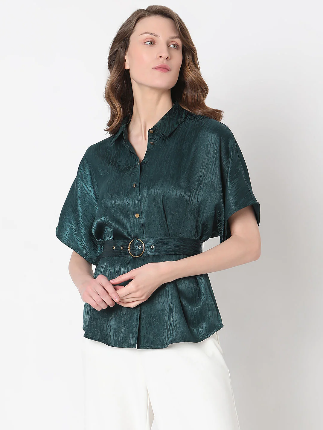 Dark Green Jacquard Satin Shirt - Image 2