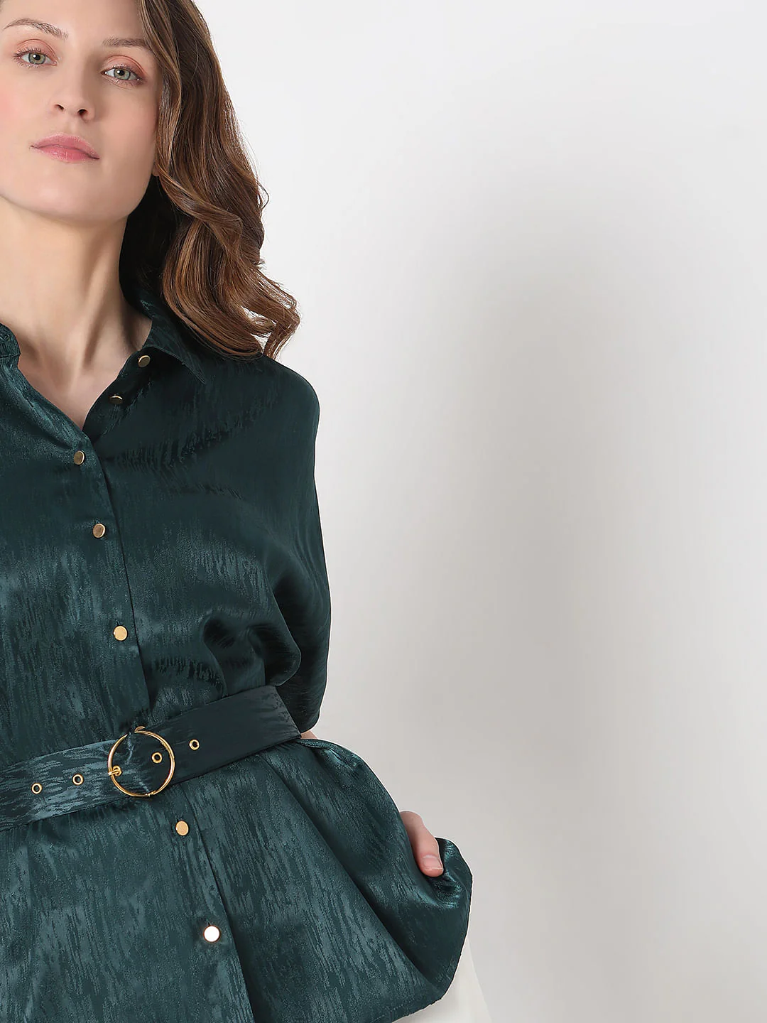 Dark Green Jacquard Satin Shirt - Image 6
