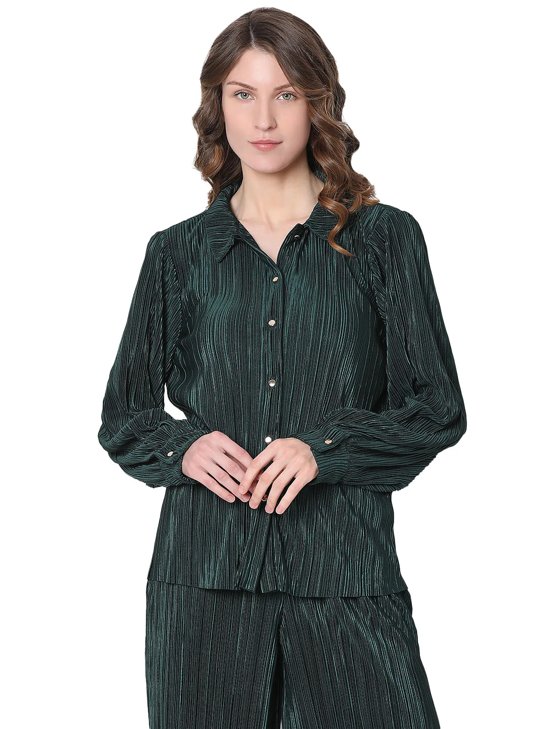 Dark Green Plisse Co-Ord Set Shirt - Image 2