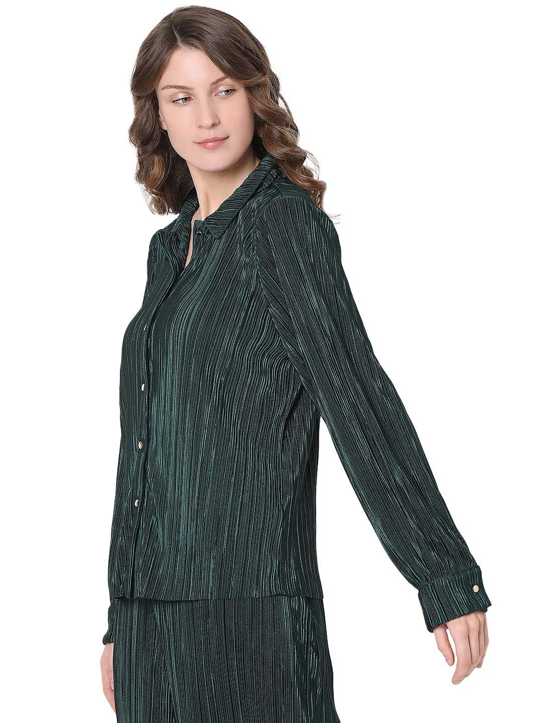 Dark Green Plisse Co-Ord Set Shirt - Image 3