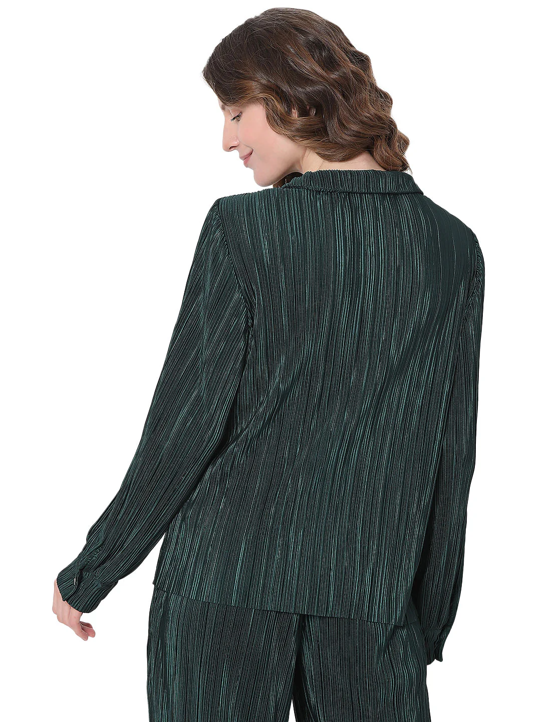 Dark Green Plisse Co-Ord Set Shirt - Image 4