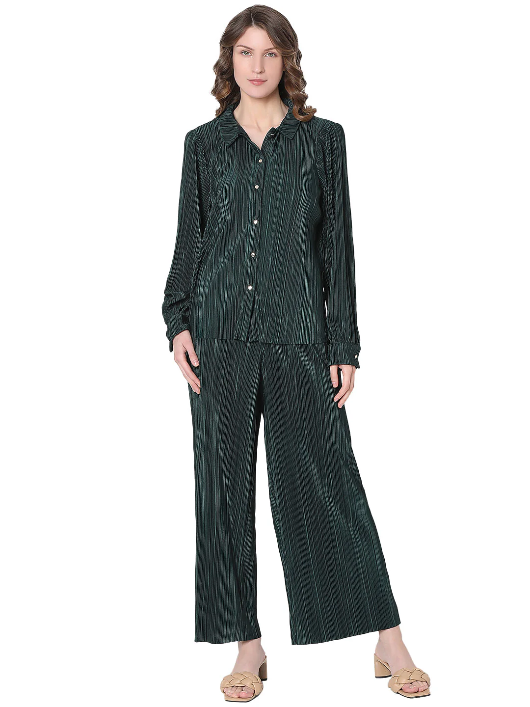 Dark Green Plisse Co-Ord Set Shirt - Image 5