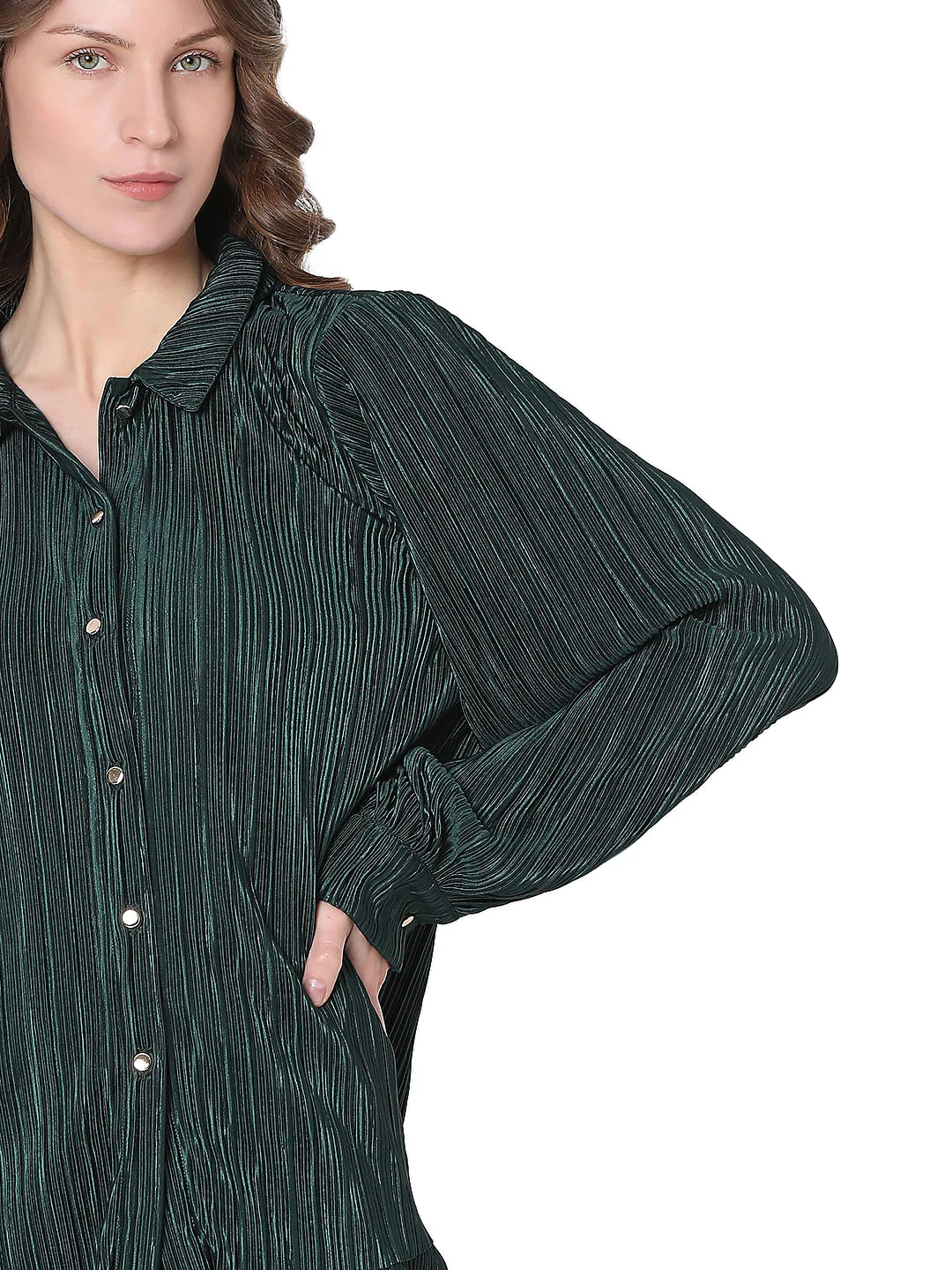 Dark Green Plisse Co-Ord Set Shirt - Image 6