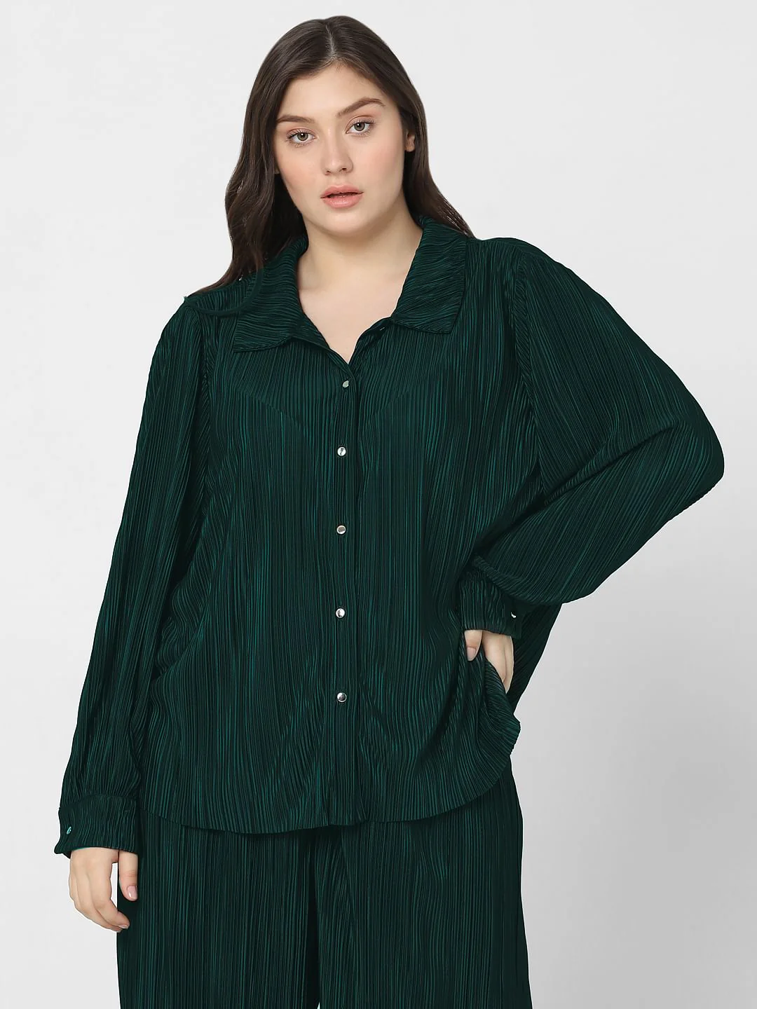 Curve Green Plisse Co-Ord Set Shirt - Image 2