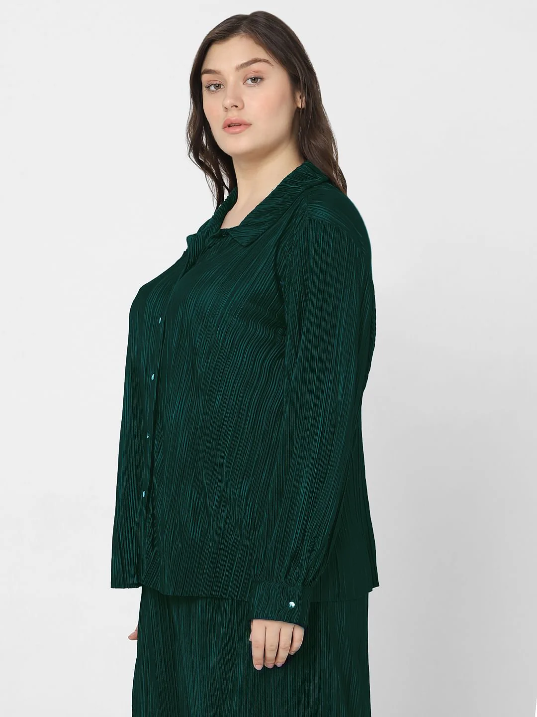 Curve Green Plisse Co-Ord Set Shirt - Image 3