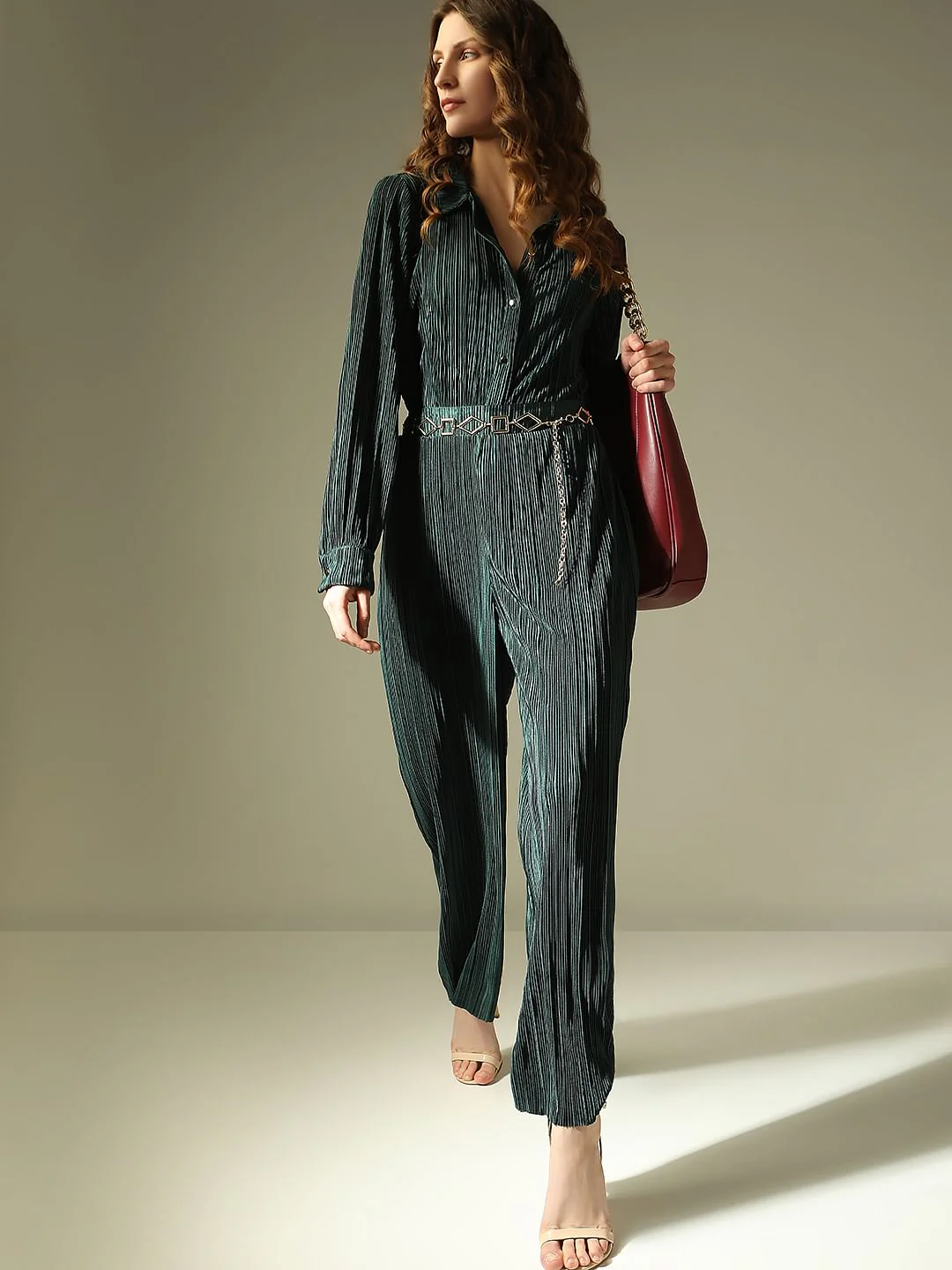 Dark Green Plisse Co-Ord Set Pants