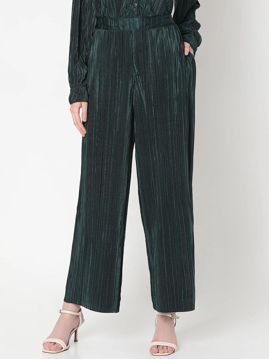 Dark Green Plisse Co-Ord Set Pants - Image 2