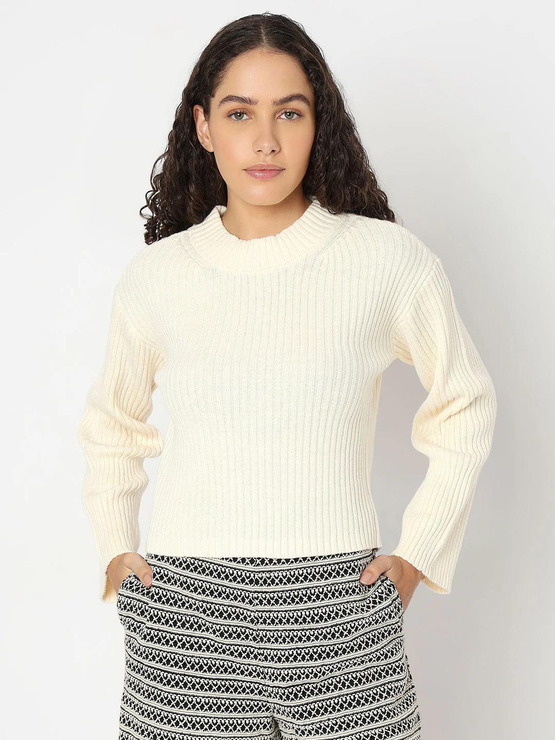 Ecru Ribbed Knitted Pullover - Image 2