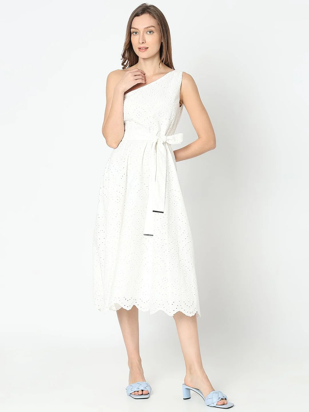 White Schiffli One-Shoulder Dress - Image 2
