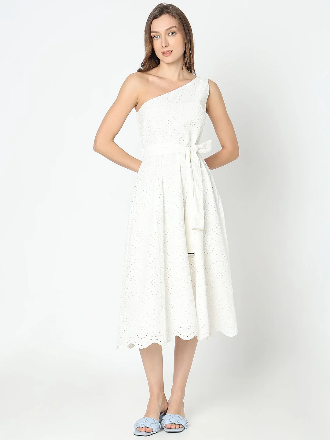 White Schiffli One-Shoulder Dress - Image 5