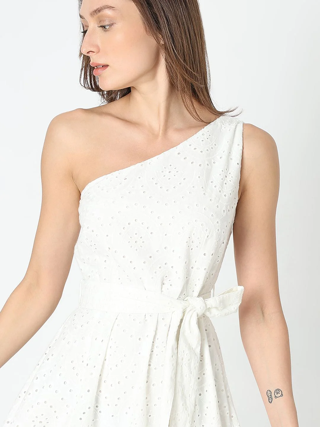 White Schiffli One-Shoulder Dress - Image 6