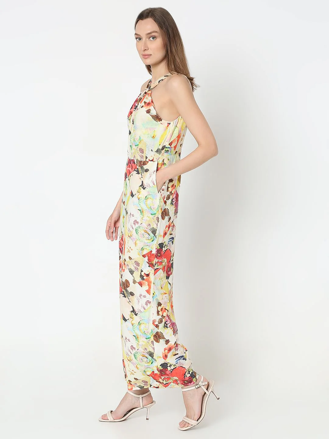 Beige Printed Halter Neck Jumpsuit - Image 3