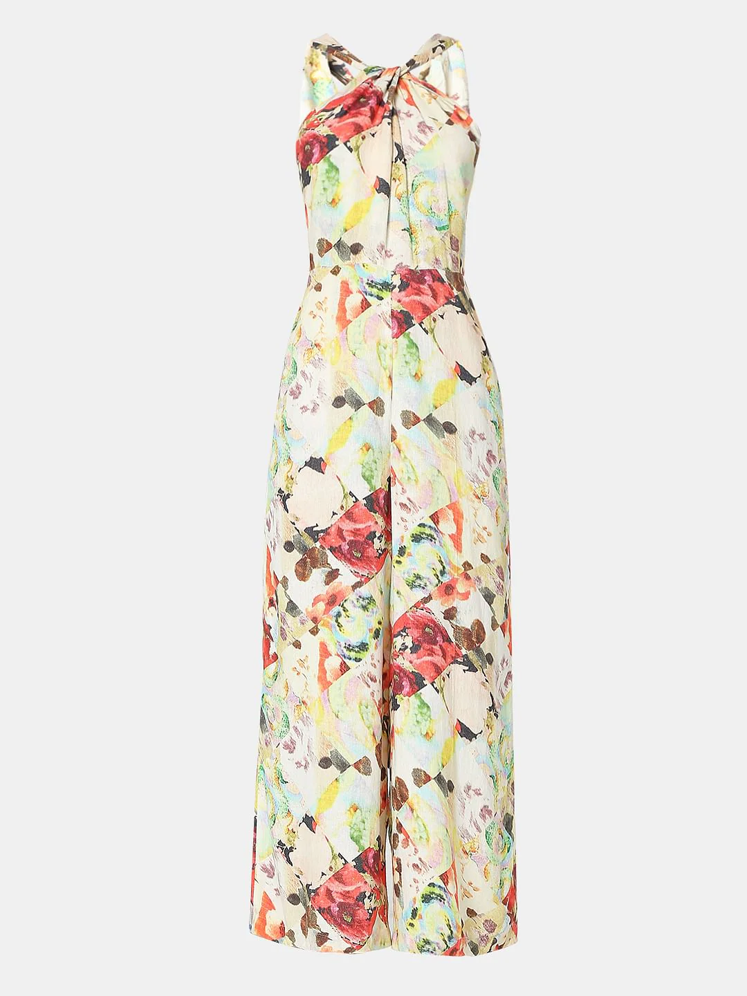 Beige Printed Halter Neck Jumpsuit - Image 6