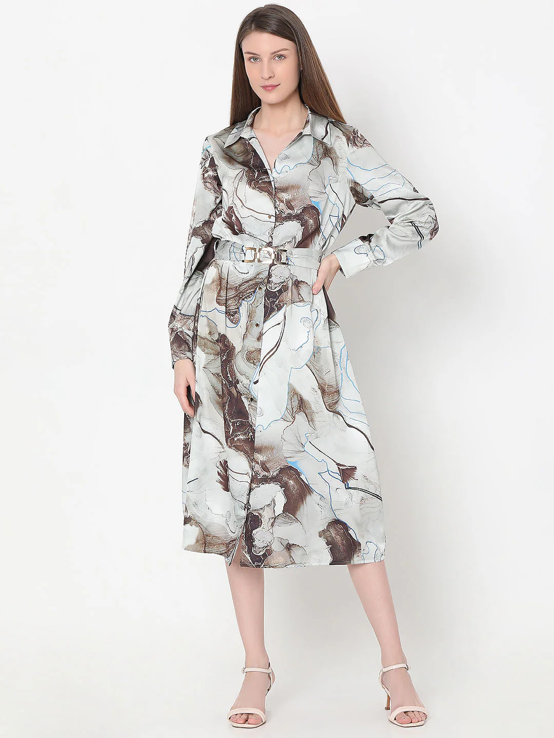 Grey Printed Midi Shirt Dress - Image 2