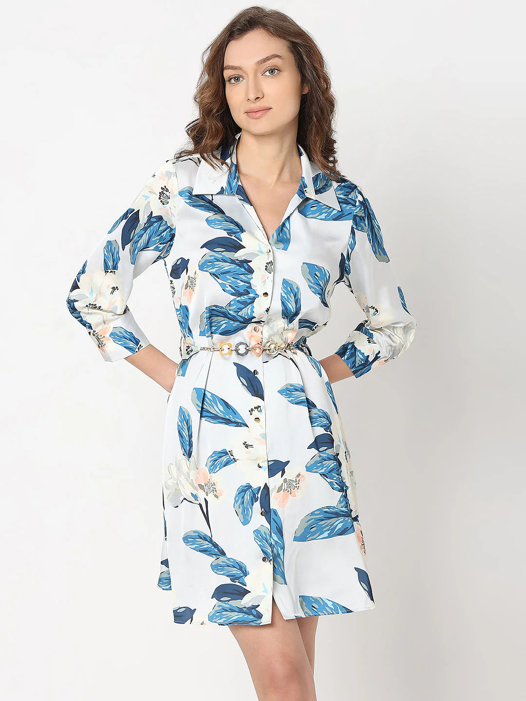 Blue Leafy Print Shirt Dress - Image 2