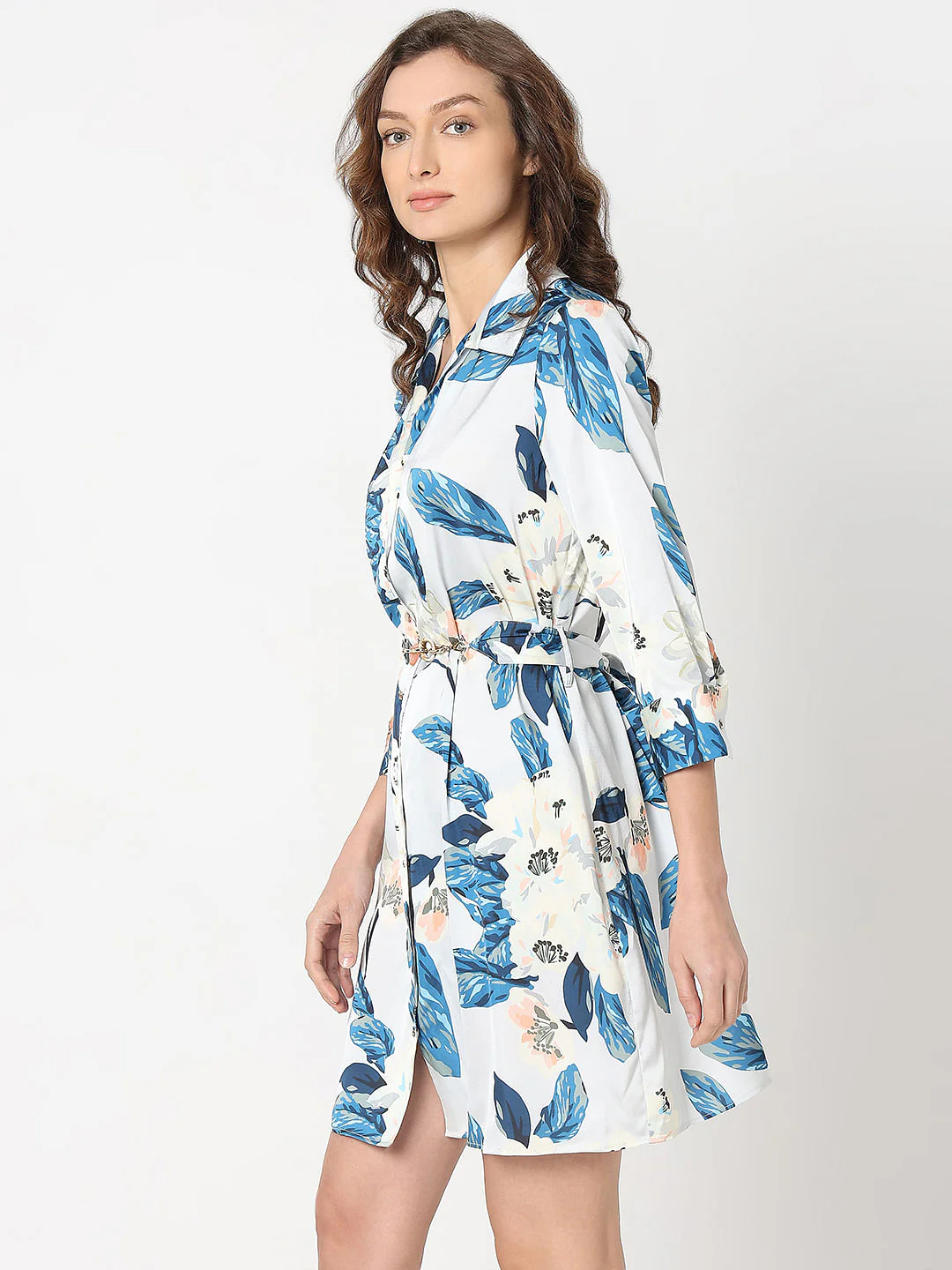 Blue Leafy Print Shirt Dress - Image 3