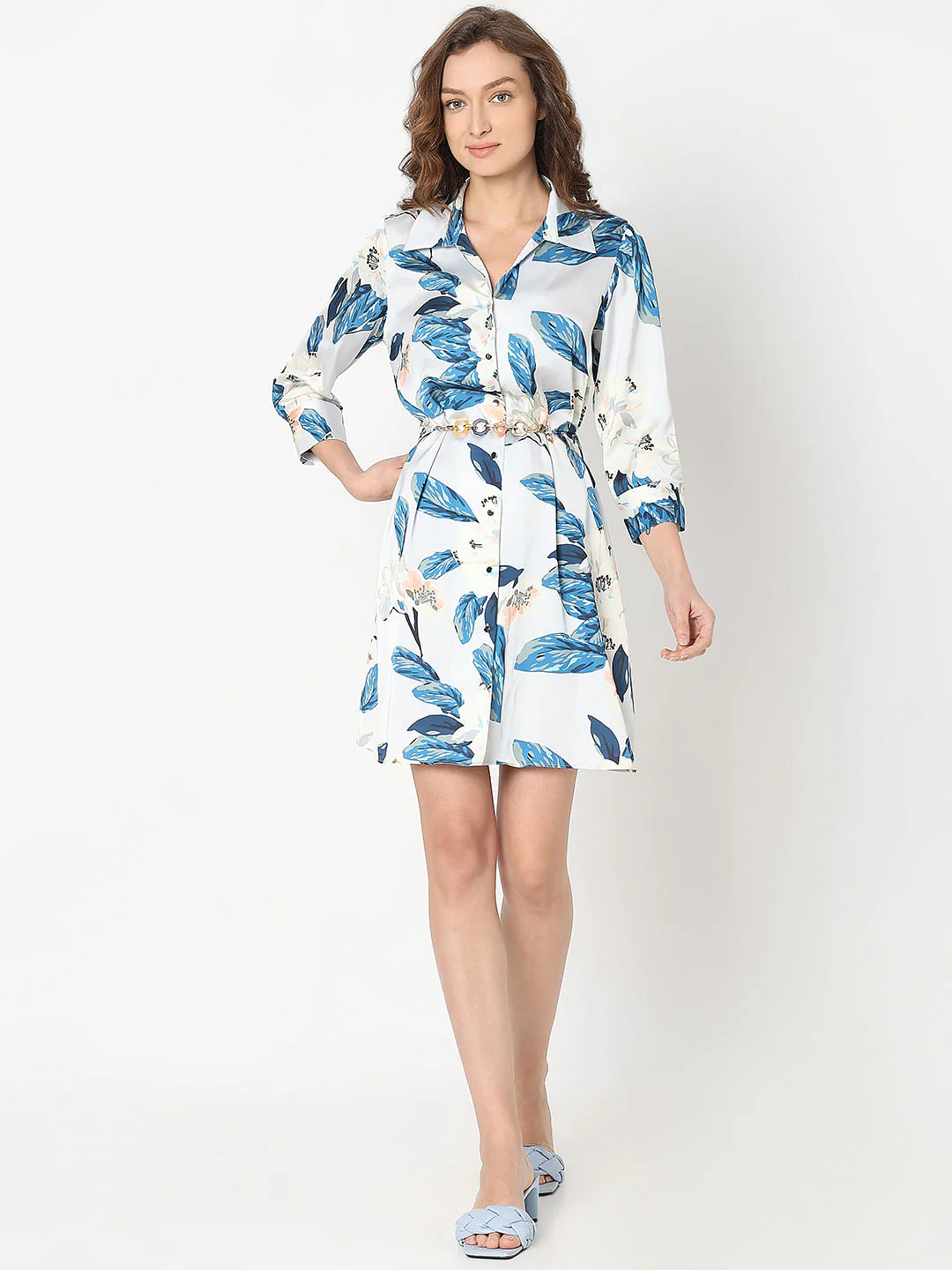 Blue Leafy Print Shirt Dress - Image 5