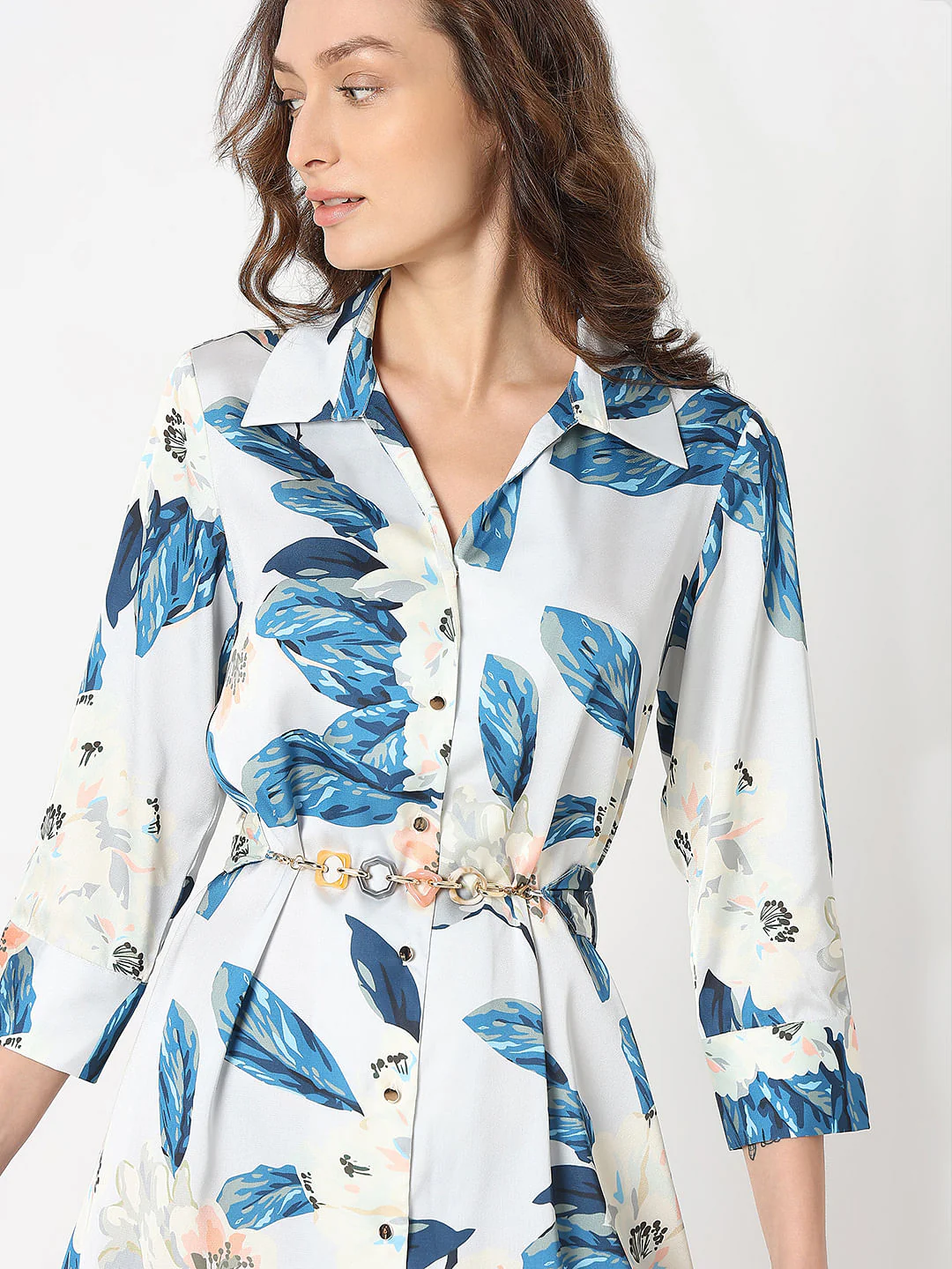 Blue Leafy Print Shirt Dress - Image 6