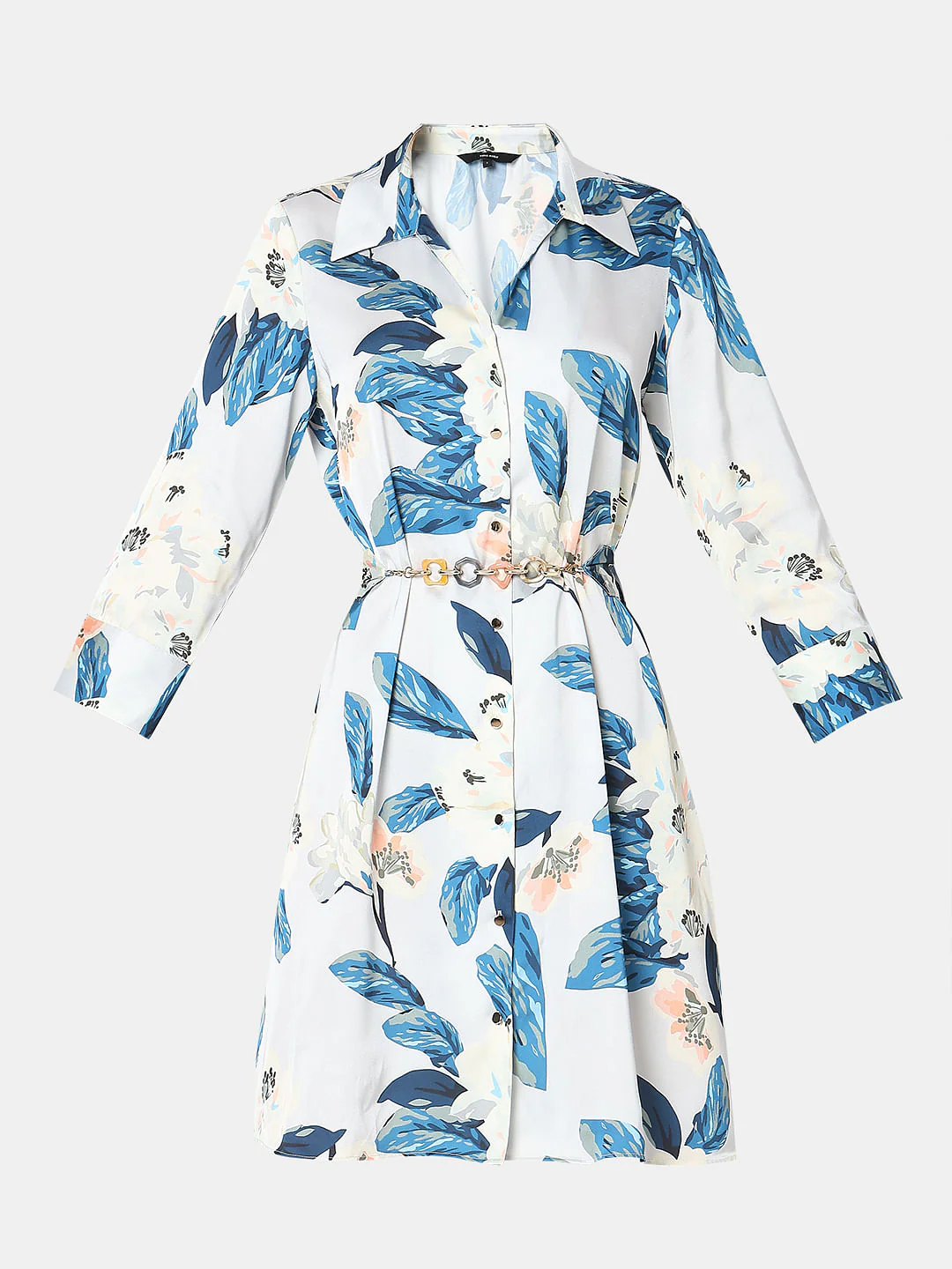 Blue Leafy Print Shirt Dress - Image 7