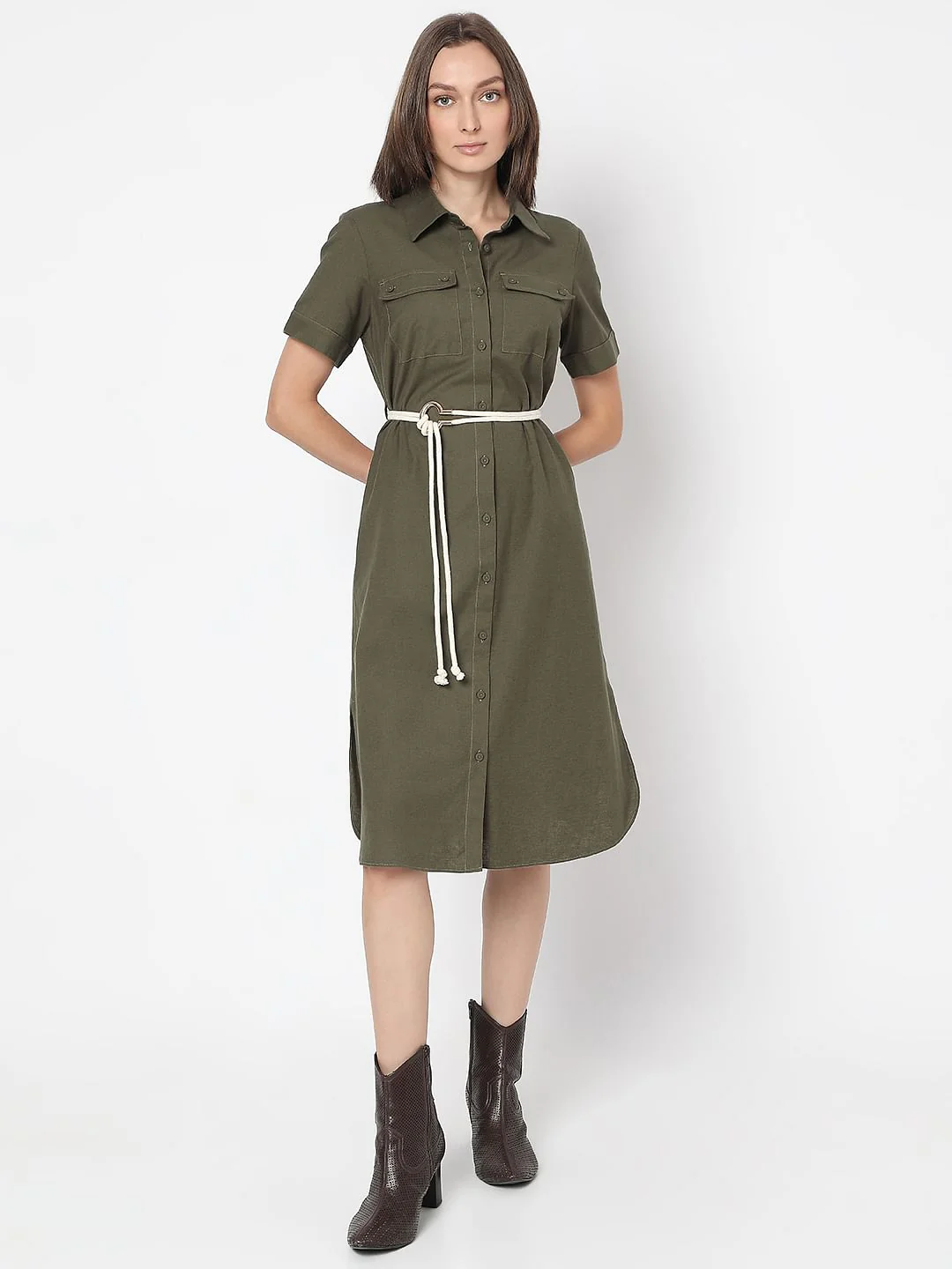 Dark Green Cotton Shirt Dress - Image 2