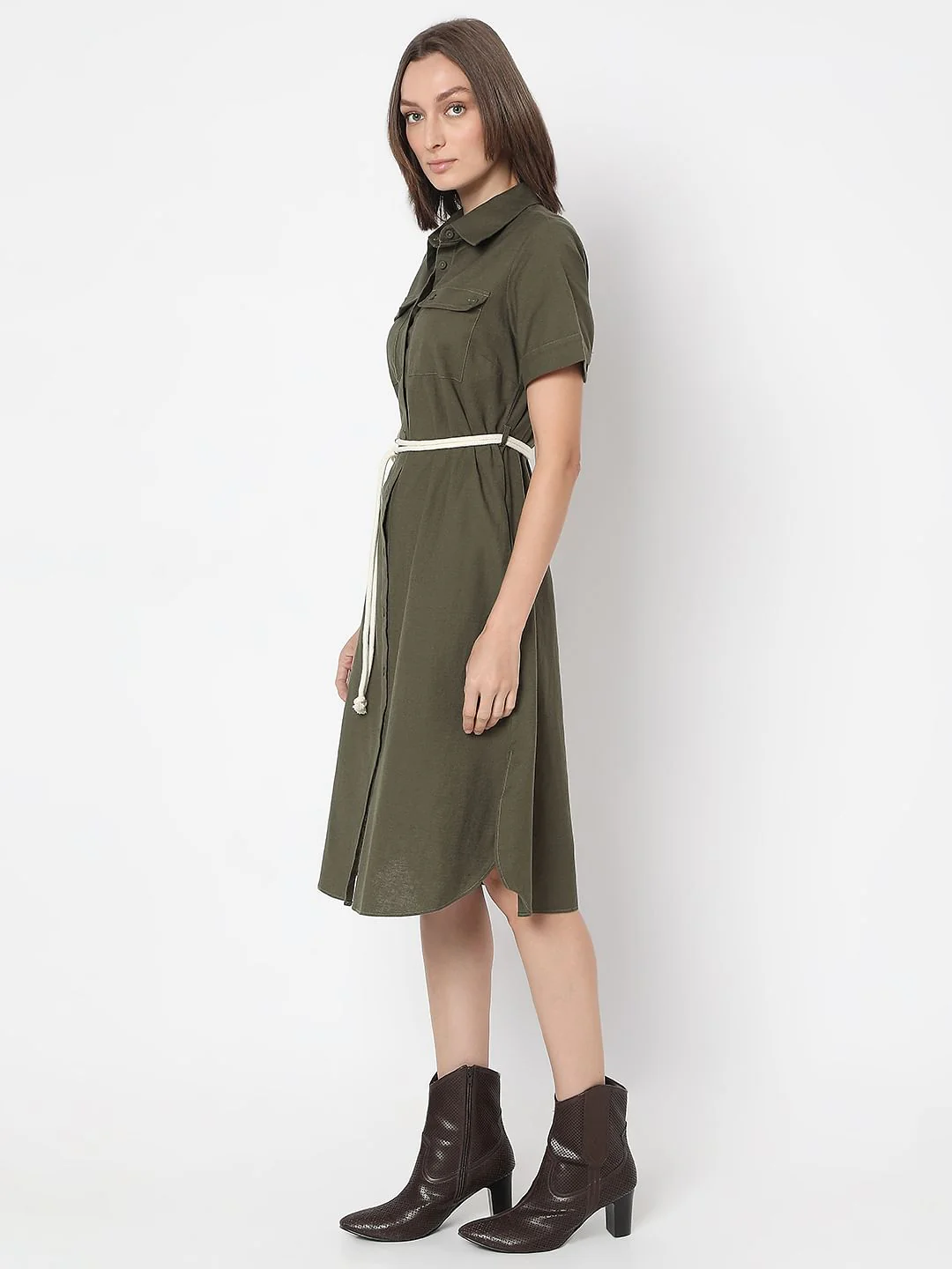 Dark Green Cotton Shirt Dress - Image 3