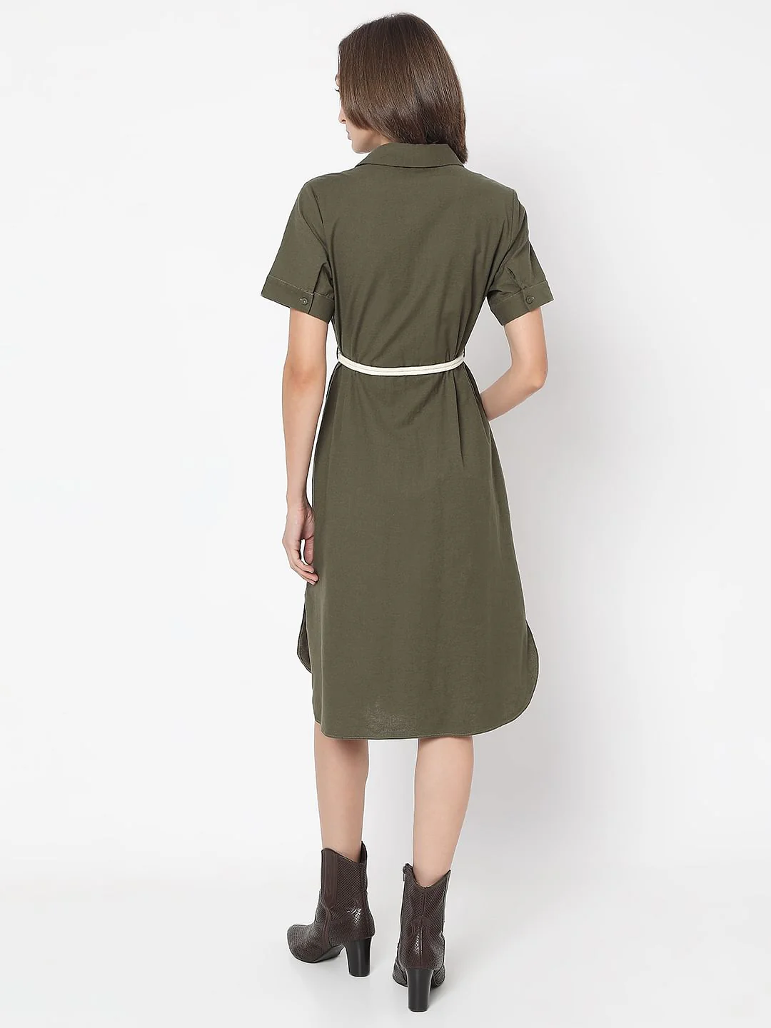 Dark Green Cotton Shirt Dress - Image 4