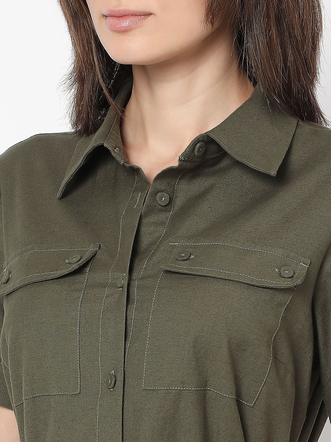 Dark Green Cotton Shirt Dress - Image 6