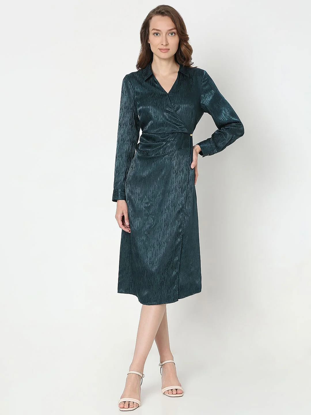Dark Green Mock Wrap Midi Dress - Image 2